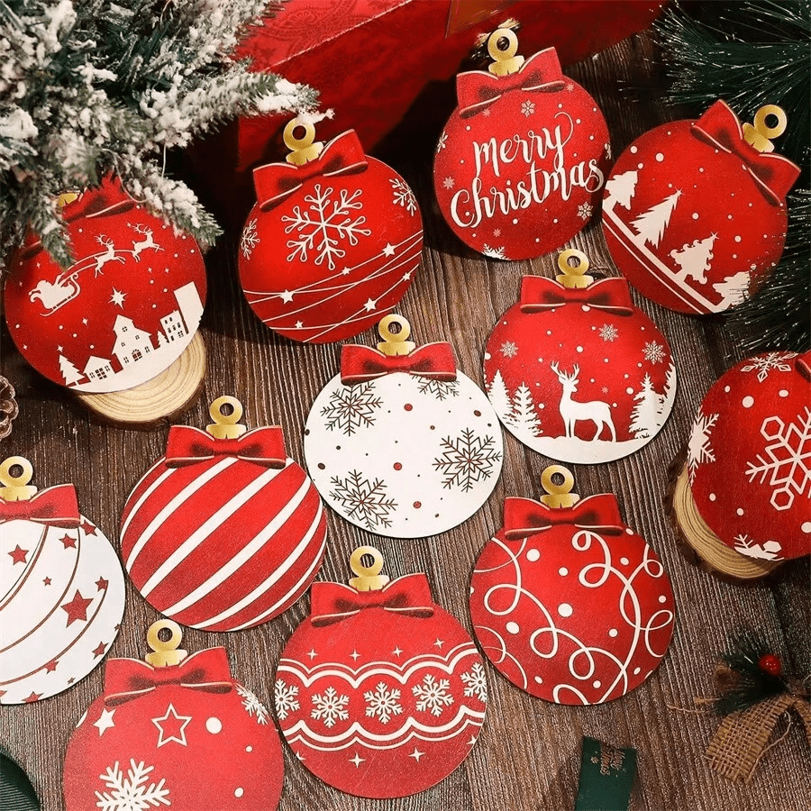 12pcs Wooden Christmas Ball Hanging Ornaments, Flat 2D Plaque Style Tree Decorations for Holiday Home & Christmas Decor