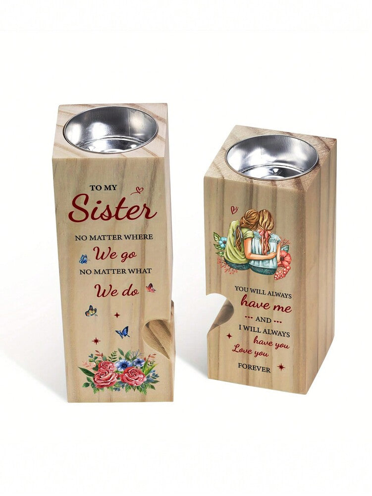 Wooden Heart Candle Holder Gift for Sister, Elegant Birthday or Thanksgiving Remembrance Keepsake, Best Friend or Family Gift (Candles Not Included)