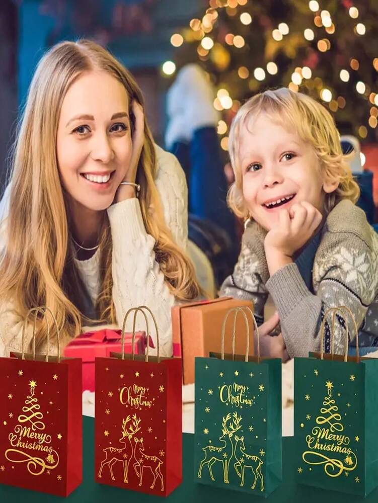 48pcs Christmas Paper Gift Bags with Handles, Red & Green Reindeer and Tree Pattern Foldable Shopping Bags for Holiday Packaging & Home Decor