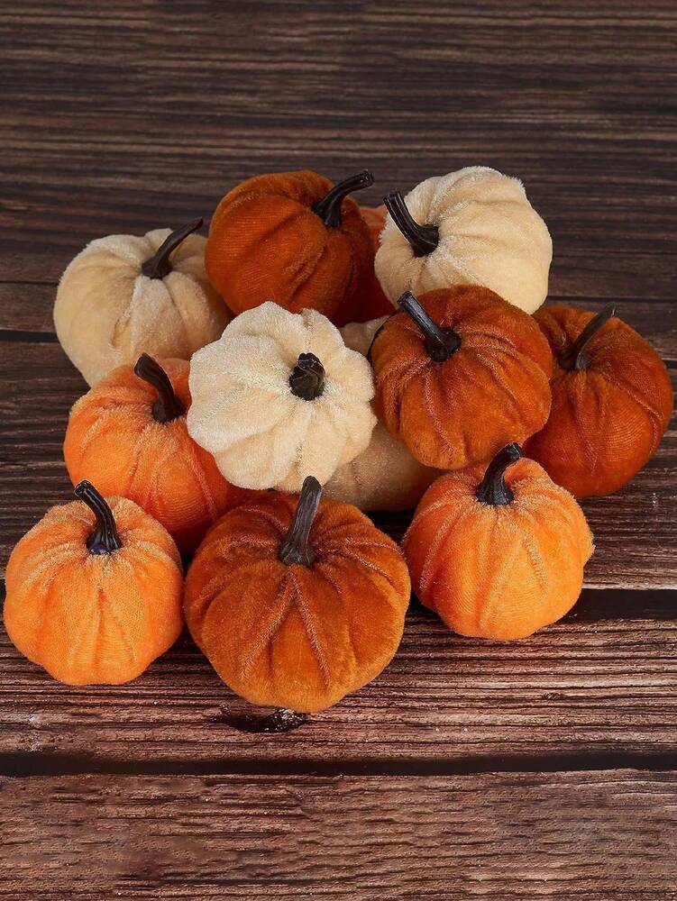 12pcs Faux Velvet Mini Pumpkins, Farmhouse Fall Decorations, Assorted Soft Fabric Pumpkins for Thanksgiving Table & Home Decor