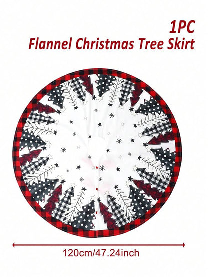 Red & Black Plaid Christmas Tree Skirt, Snowflake Pattern Round Tree Mat, Soft Decorative Base Cover for Living Room & Winter Holiday Home Decor