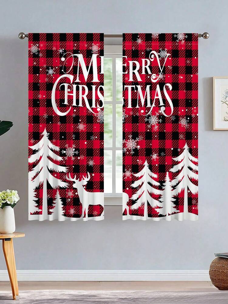 2-Piece Christmas Reindeer and Tree Blackout Curtain Set, Holiday Window Panels for Home Living Room or Bedroom Decor