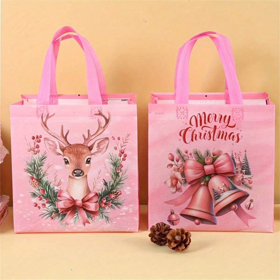8pcs Pink Christmas Tote Bags with Handles, Reusable Non-Woven Gift Bags with Santa, Elk & Bell Prints for Holiday Packaging & Festive Decor