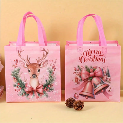 8pcs Pink Christmas Tote Bags with Handles, Reusable Non-Woven Gift Bags with Santa, Elk & Bell Prints for Holiday Packaging & Festive Decor