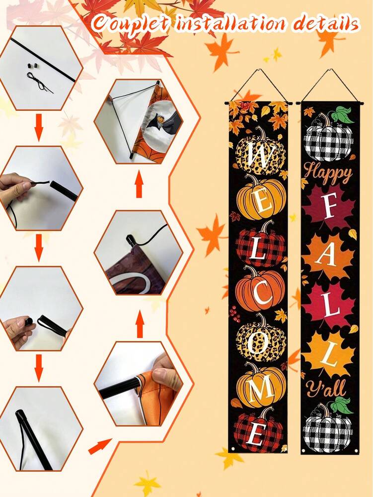 Autumn Porch Welcome Banner Set, Pumpkin & Maple Leaf Front Door Hanging Sign, Seasonal Farmhouse Fall Decoration for Indoor & Outdoor Use