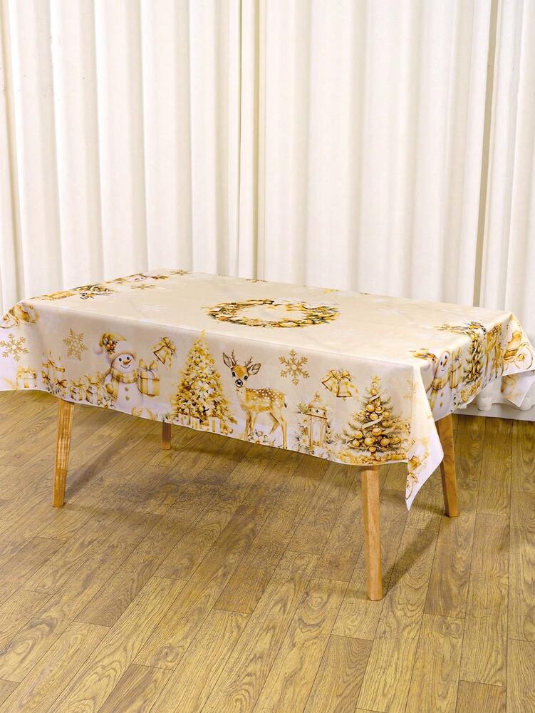 Festive Christmas Tablecloth with Snowman & Reindeer Wreath Design, Polyester Winter Table Cover for Dining Room & Kitchen Holiday Decor