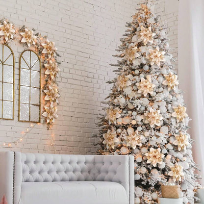 10-Piece Champagne Gold Poinsettia Set, Glitter Artificial Christmas Flowers for Tree, Wreath & Vase Decor, Elegant Holiday Home & Wedding Decorations