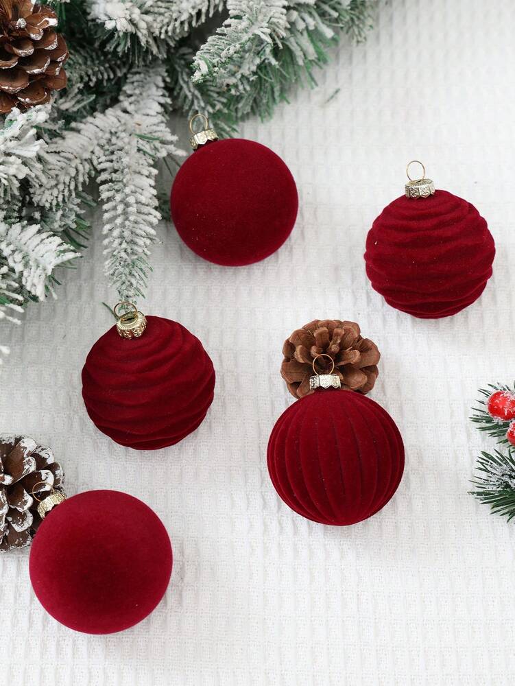 12pcs Burgundy Velvet Christmas Ball Set, Soft Flocked Pom Pom Ornaments, Luxurious Baubles for Holiday Trees, Gifts, and 2026 New Year Decorations