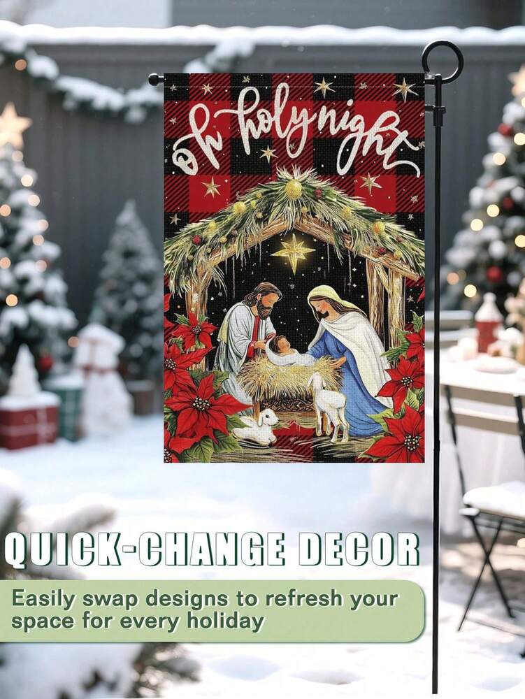 Christmas Night Garden Flag 12x18 inch, Double-Sided Linen Yard Flag with Jesus and Red Plaid Design, Festive Farmhouse Outdoor Winter Decoration
