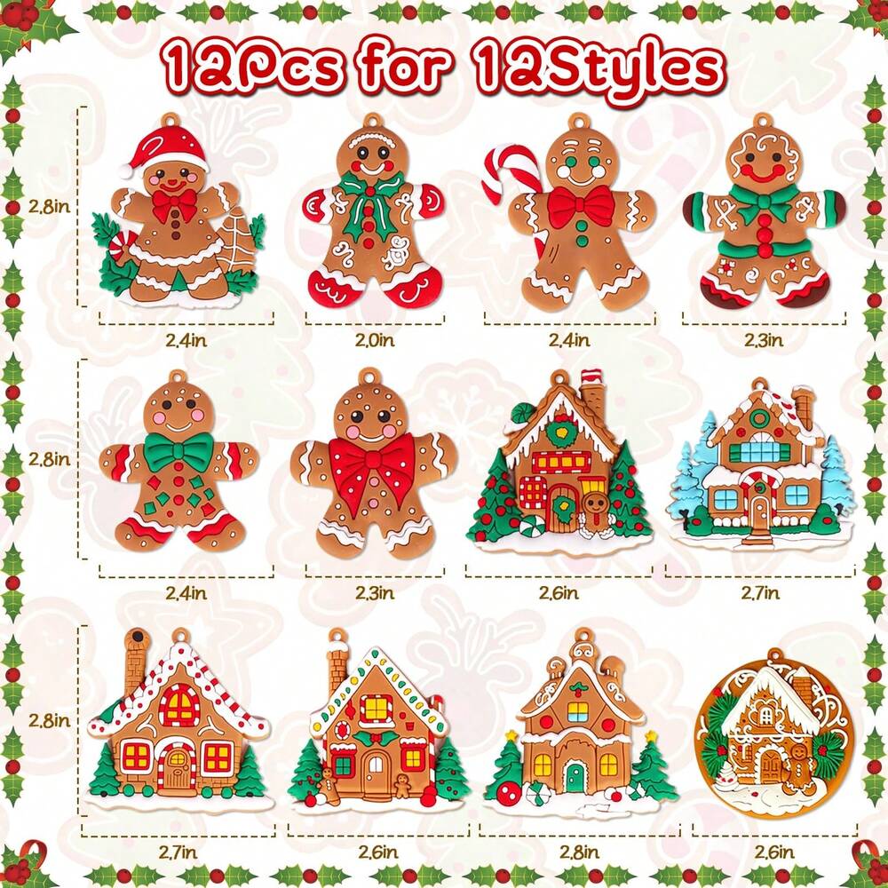 12pcs Gingerbread House Hanging Ornaments, Cute Christmas Tree Decorations for Home, Parties, and Holiday Gift Giving