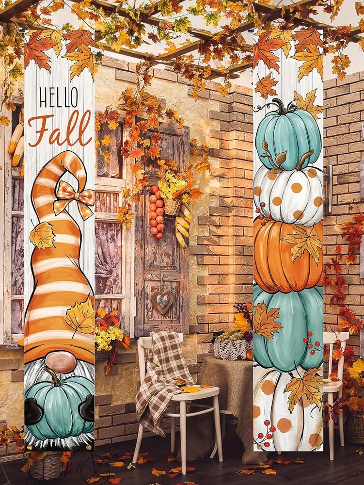 Thanksgiving Pumpkin Gnome Door Banner Set, 30x180cm Polyester Hanging Porch Sign, Autumn Harvest Decoration for Farmhouse Indoor & Outdoor Display