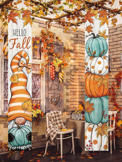 Thanksgiving Pumpkin Gnome Door Banner Set, 30x180cm Polyester Hanging Porch Sign, Autumn Harvest Decoration for Farmhouse Indoor & Outdoor Display