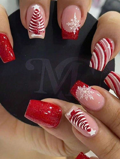 24pcs Medium Square Christmas Press On Nails, Red French Glitter Snowflake Candy Design, Bling Acrylic False Nails For Women Holiday Wear