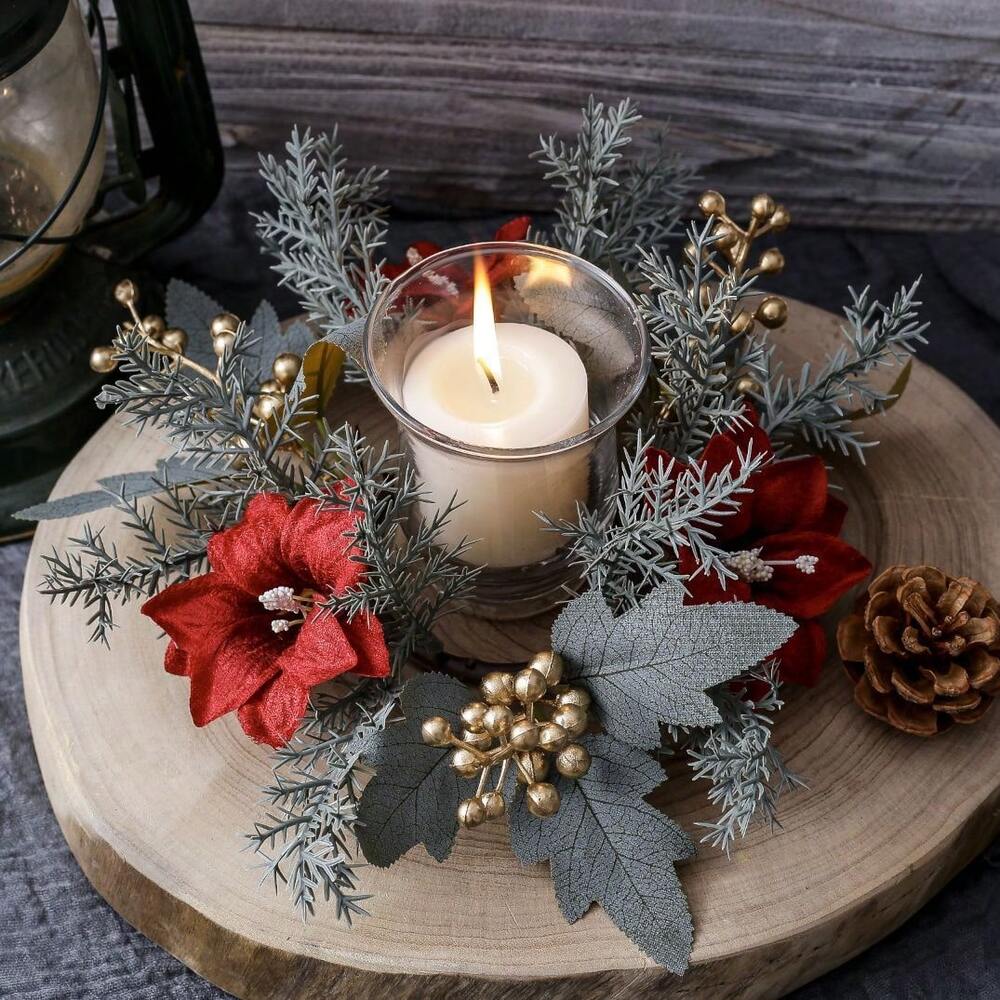 Christmas Candle Ring Holder with Red Flowers, Gold Berries & Greenery, Holiday Table Centerpiece