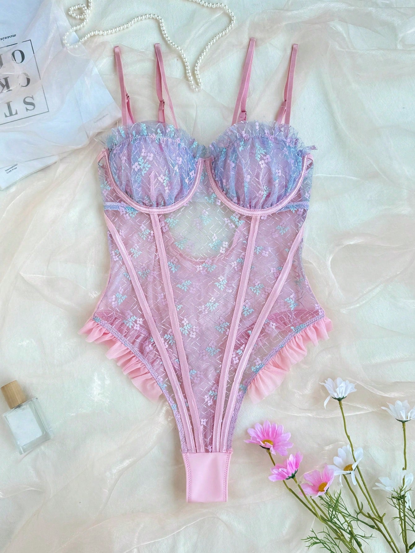 Women See-Through Ruffle Contrast Color Suspender Backless Sexy Bodysuit For Going Out