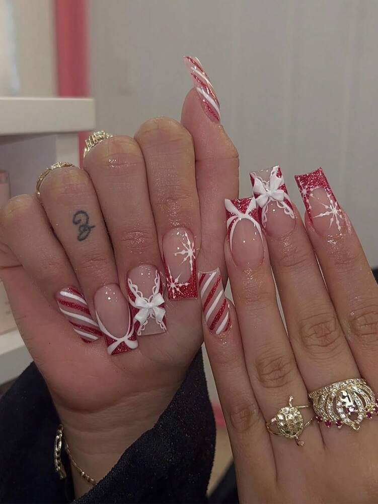 24pcs Long Ballet Christmas Press On Nails, White Snowflakes And Gingerbread Bow Design, 3D Acrylic False Nails For Women Holiday Gift