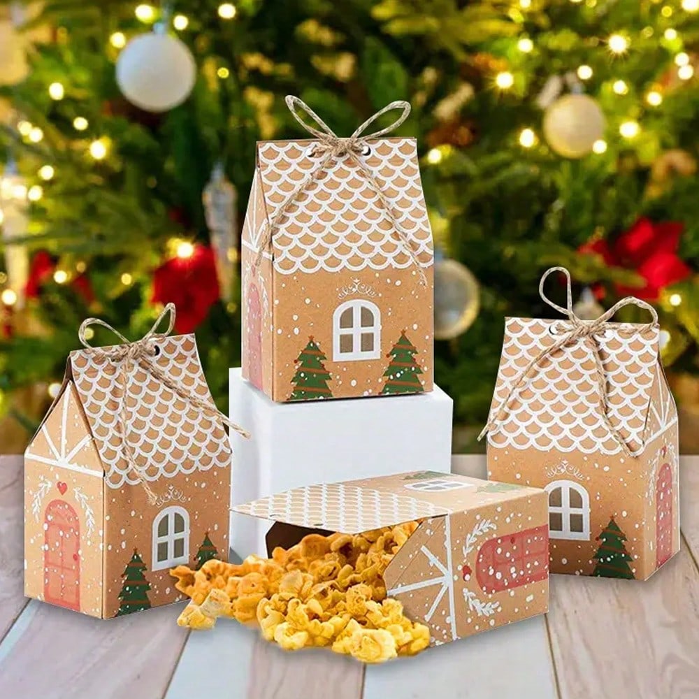 10pcs Kraft Paper Christmas House Gift Boxes, Decorative Packaging Boxes for Holiday Presents, Souvenirs, and Christmas Party Favors