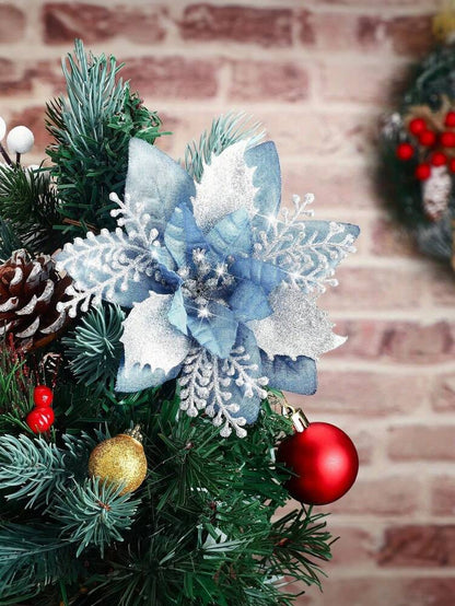 10pcs Blue Poinsettia Christmas Tree Flowers, 5.7" Artificial Holiday Ornaments, Reusable Feather-Free Floral Decorations for Xmas Trees & Home Décor