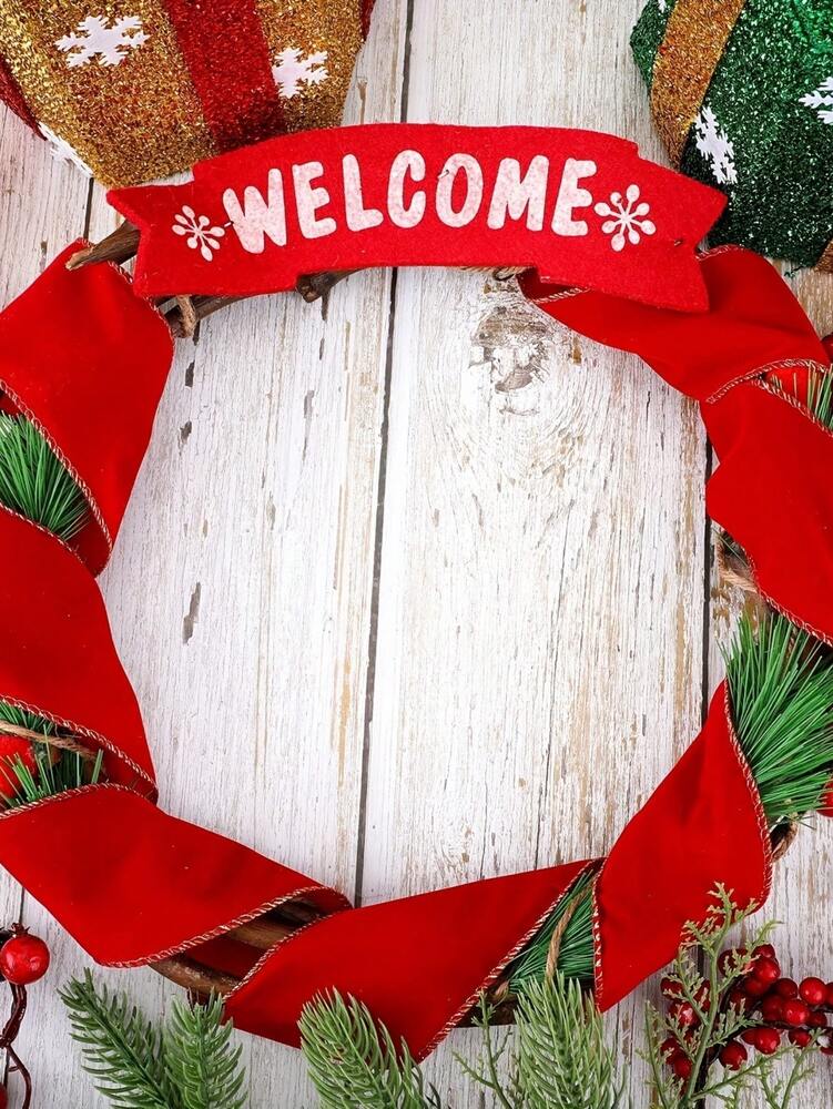 Red Velvet Ribbon with Christmas Tree Decoration, Elegant Holiday Gift Wrapping Ribbon for Birthday, Wedding, or Festive Packaging