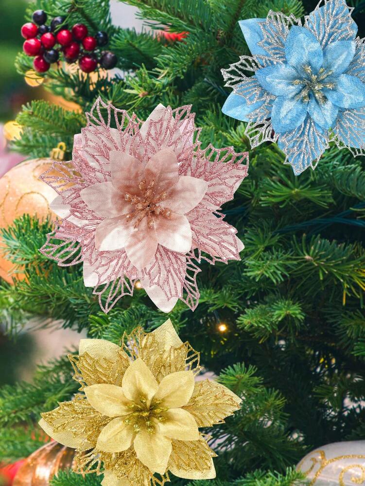 10pcs Glitter Poinsettia Ornaments with Clips & Stems, Sparkling Artificial Christmas Décor for Trees & Wreaths