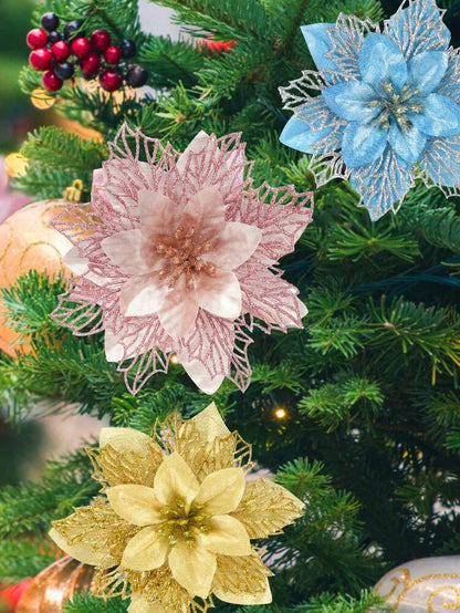 10pcs Glitter Poinsettia Ornaments with Clips & Stems, Sparkling Artificial Christmas Décor for Trees & Wreaths