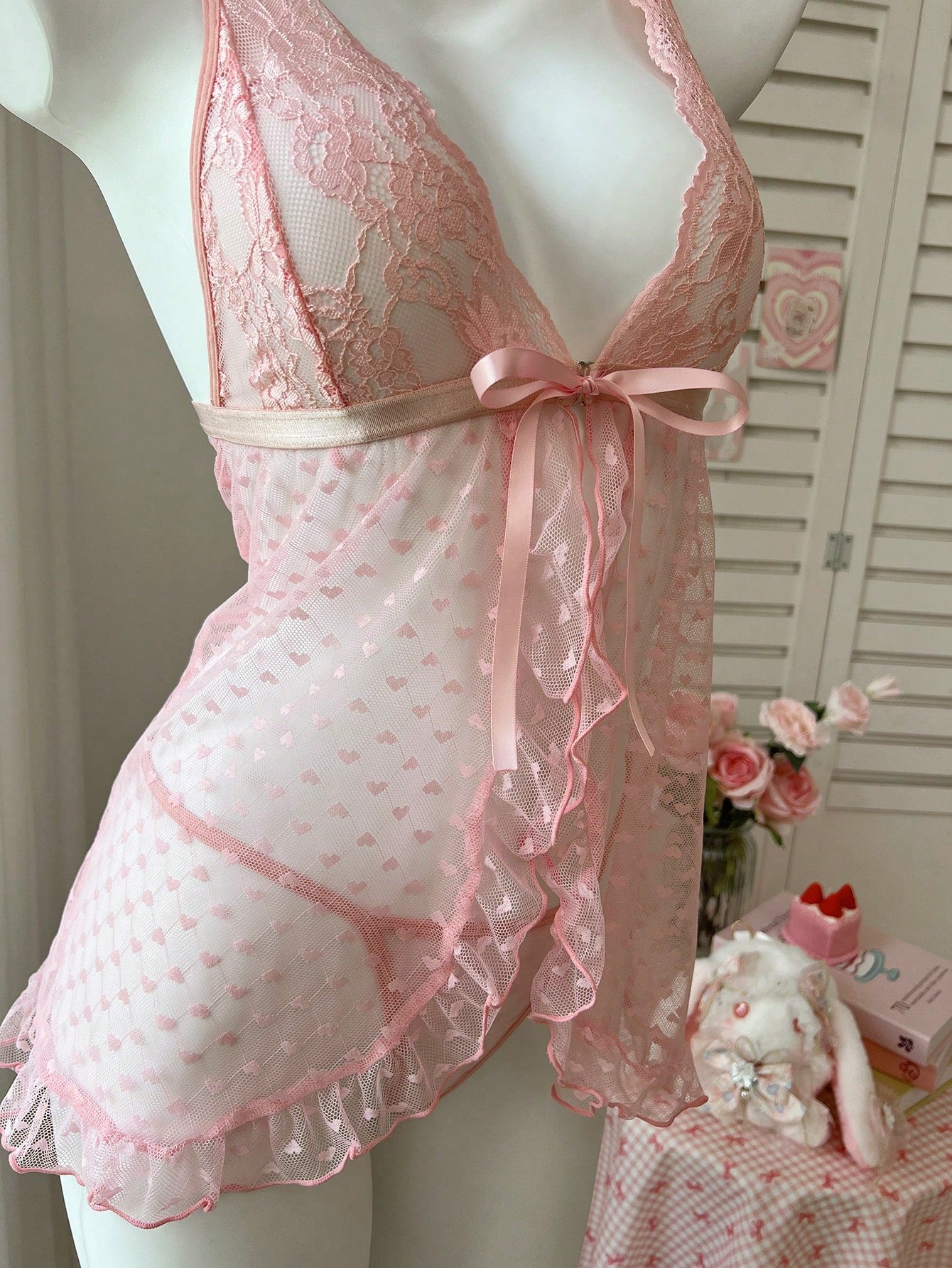 2pcs Women Pink Lace Patchwork Babydoll Dress Set With Polka Dot Mesh And Ruffle Hem Detail, Lightweight Fabric Construction, Coordinated Two-Piece Structure, Suitable For General Wear And Styling