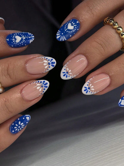 24pcs Short Oval Press On Nails, Nude French Tips With Heart And Flower Design, Full Cover Acrylic Nails For Women With Jelly Glue & File