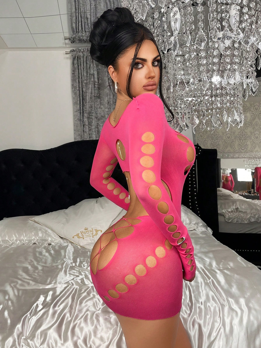 1pc Women's Sexy Fuchsia Bodycon Semi-Sheer Fishnet Dress, Suitable For Party, Nightclub, Beach