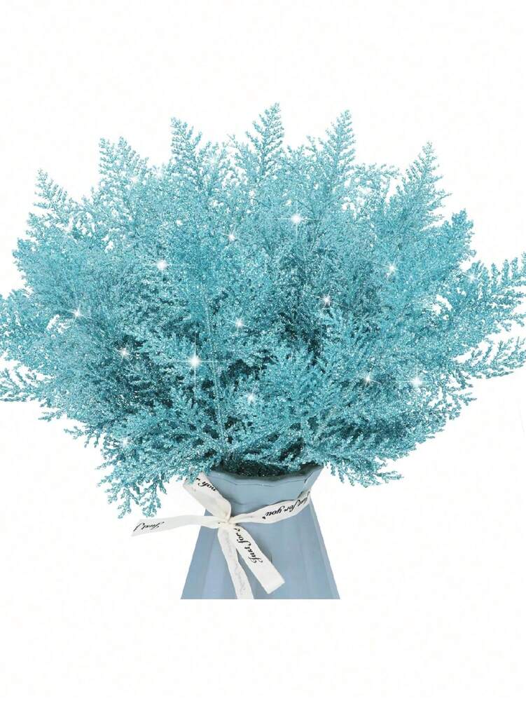 20pcs Glitter Cedar Pine Needles with Sequins, Artificial Blue and Pink Leaves for DIY Garlands, Wedding Bouquets, and Winter Holiday Home Decor