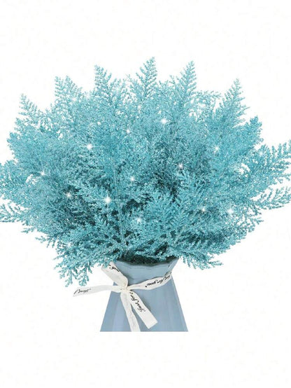 20pcs Glitter Cedar Pine Needles with Sequins, Artificial Blue and Pink Leaves for DIY Garlands, Wedding Bouquets, and Winter Holiday Home Decor