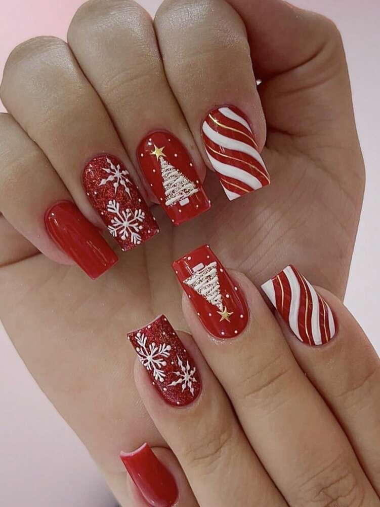 24pcs Short Square Champagne Glitter Christmas Press On Nails, Snowflake Full Cover Holiday False Nails For Women Nail Art Supplies