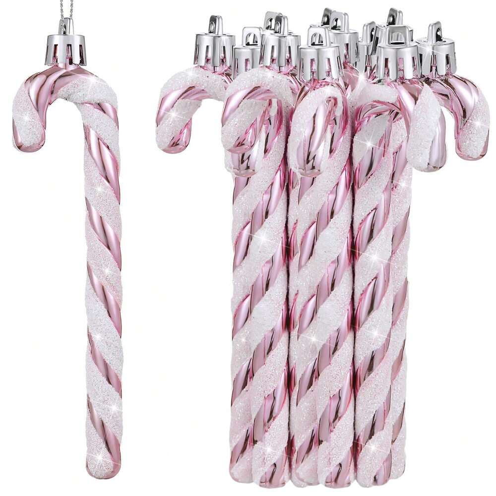 12pcs Pink Glitter Candy Cane Christmas Ornaments, 5.5" Plastic Hanging Decorations for Christmas Trees & Holiday Displays