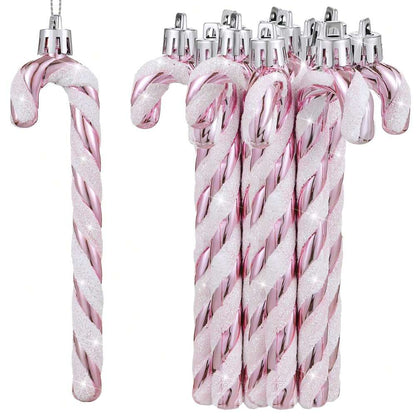12pcs Pink Glitter Candy Cane Christmas Ornaments, 5.5" Plastic Hanging Decorations for Christmas Trees & Holiday Displays
