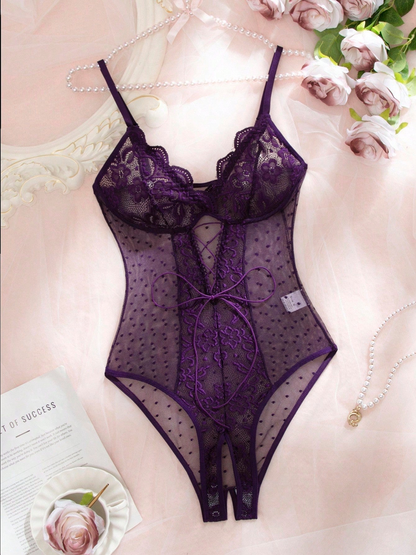 Contrast Lace Sexy Mesh Women's Bodysuit Lingerie, 1pc For Going Out