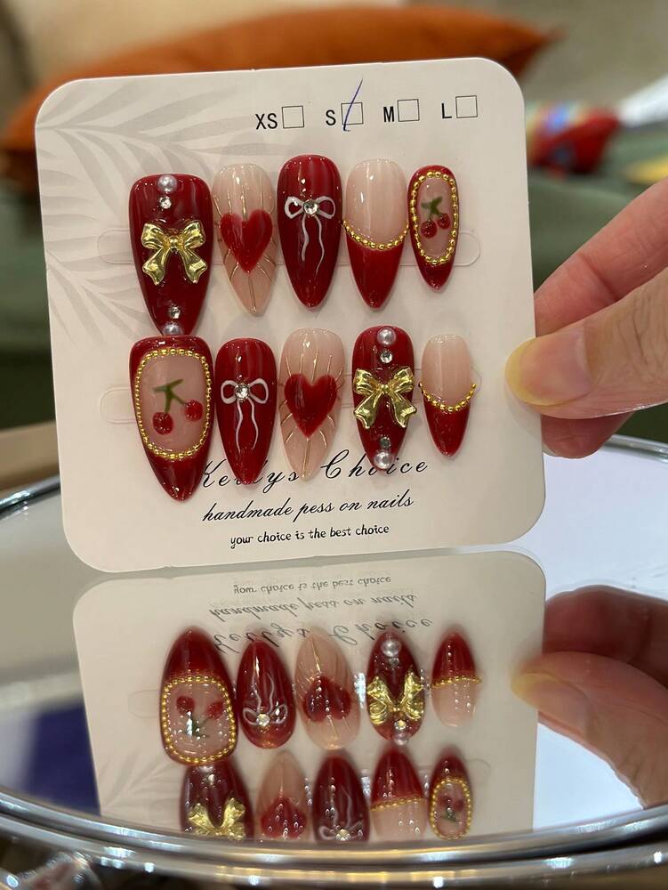 10pcs Retro Cherry Press On Nails, 3D Cherry And Bow Design With Gold Stud Accents, Handmade Y2K Vintage Nail Set For Holiday Party