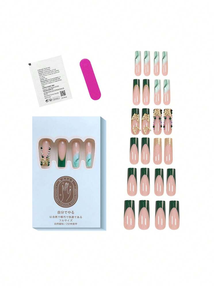 24pcs Medium Square Green French Press On Nails, Butterfly Rhinestone Charm Design, Gradient Glitter Nail Set For Women Party And Daily Wear