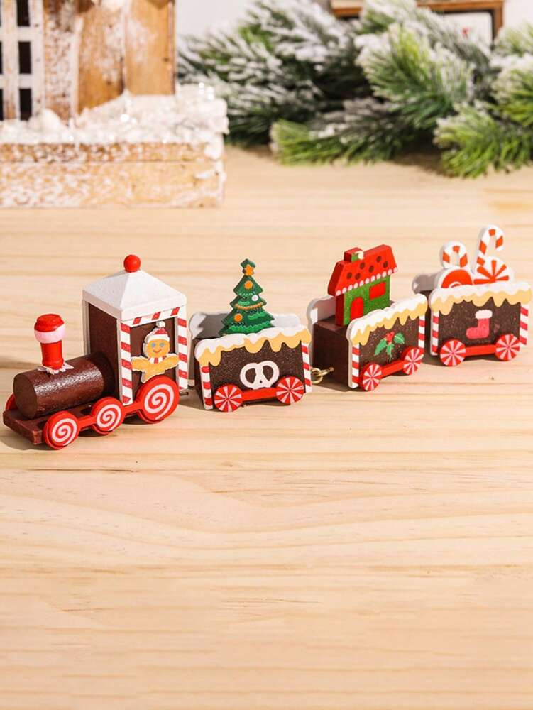 Christmas Wooden Train Ornament, Four-Section Holiday Decoration for Table, Fireplace & Garden Christmas Home or Office Decor