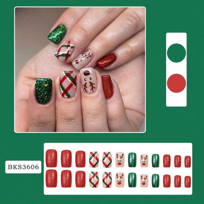 24pcs Red Glitter Christmas Press On Nails, Short Square Bling False Nails With Cute Elk Grid Design, Festive Nail Set Gift For Women Party Wear