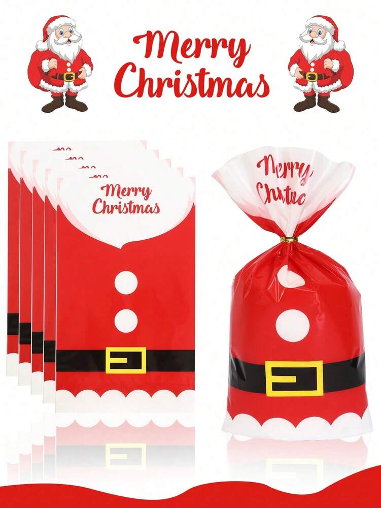 50pcs Christmas Cellophane Treat Bags with Twist Ties, Transparent Santa Claus Candy & Cookie Packaging Bags for Bakeries, Popcorn & Holiday Treats