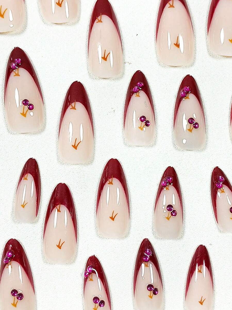 24pcs Long Almond Press On Nails, French Tips With Bow And Star Decor, Elegant Full Cover Acrylic Nails With Tape & File For Women Girls