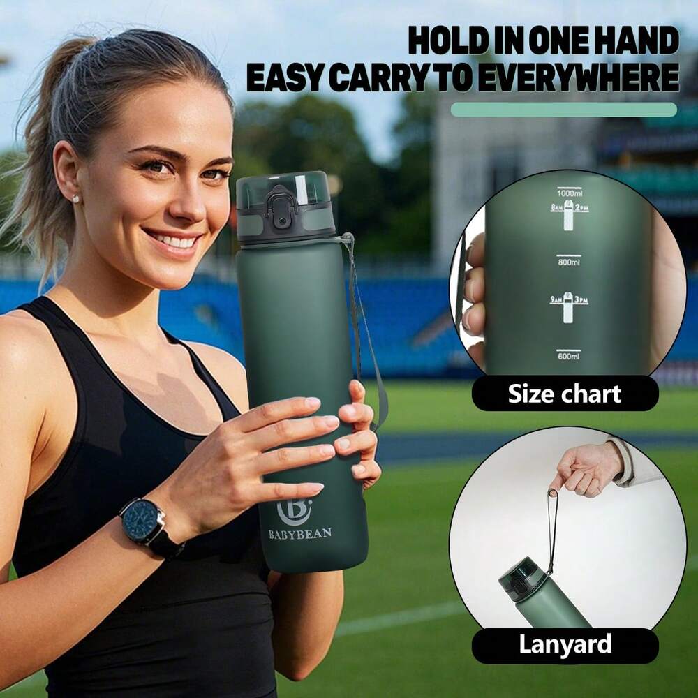 34oz Sports Water Bottle with Time Marker & Carry Strap, Leak-Proof Large Capacity Reusable Bottle for Gym, School, Biking & Outdoor Fitness (1pc)