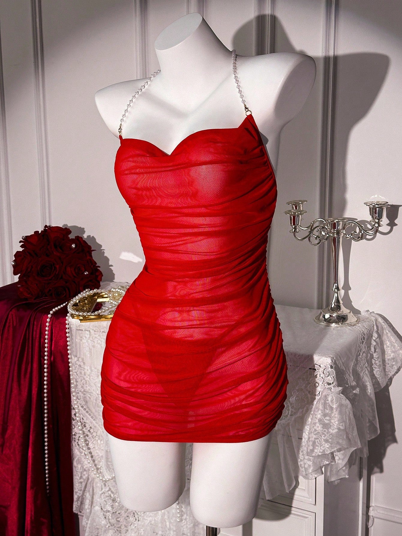 2pcs Women Mesh Bodycon Dress Set With Halter Neck And Decorative Detail, Lightweight Fabric Construction, Coordinated Two-Piece Design, Suitable For General Wear And Styling
