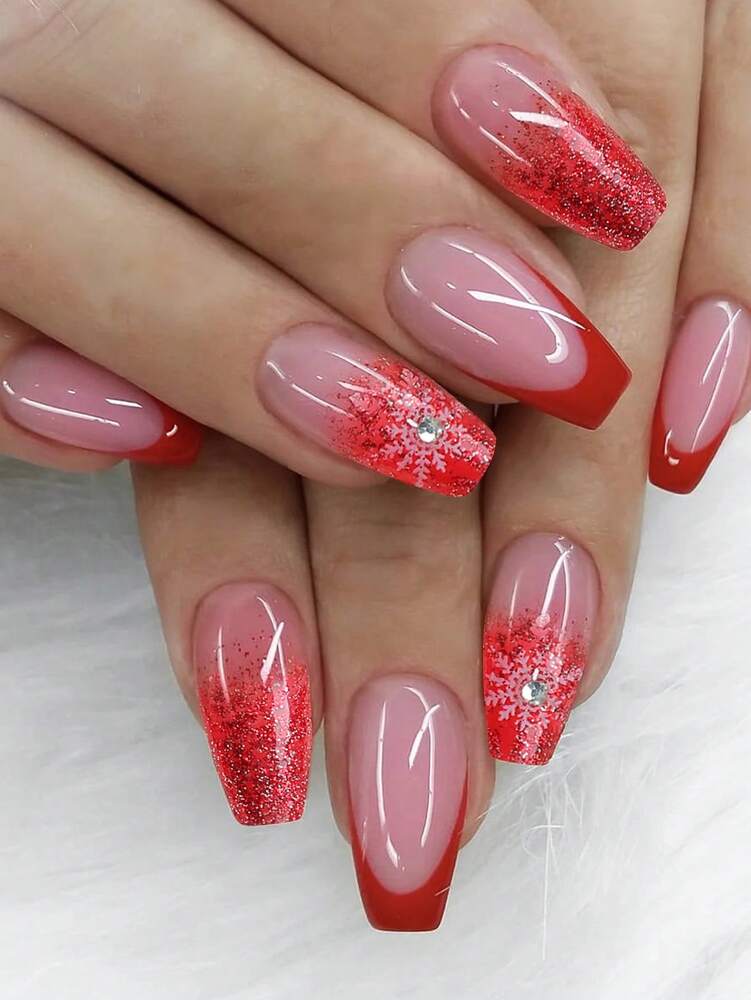 24pcs Long Coffin Christmas Press On Nails, White Elk And Snowflake Design With Gold Glitter, Elegant Glossy Nail Set For Women Daily Use