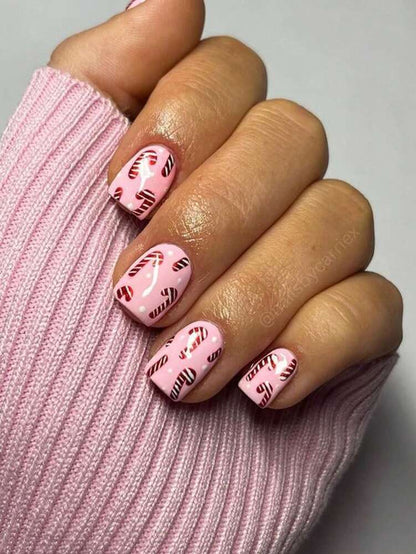 24pcs Short Press On Nails, Red And Green Candy Cane Christmas Design, False Nails For Women, Easy To Apply Holiday Nail Supplies