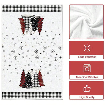 2pcs Buffalo Plaid Christmas Kitchen Towels, Santa & Tree Themed Cotton Dish Towels for Seasonal Cooking, Baking & Holiday Home Decor