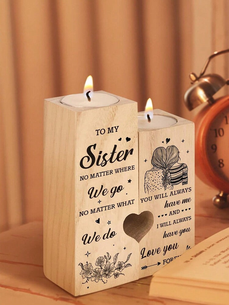 Heart-Shaped Candle Holder with Engraved Sister Message, Decorative Sentimental Ornament (Candle Not Included)
