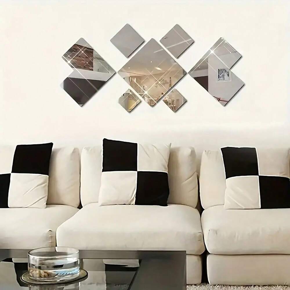 7pcs Square Acrylic Mirror Wall Stickers, 3D Rhombus & Rectangular Self-Adhesive Shatterproof Removable Mirrors for Home or Office Decor