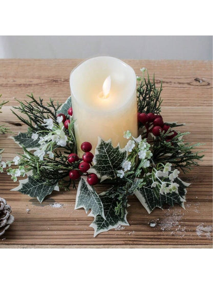 Christmas Candle Ring Holder with Red Flowers, Gold Berries & Greenery, Holiday Table Centerpiece