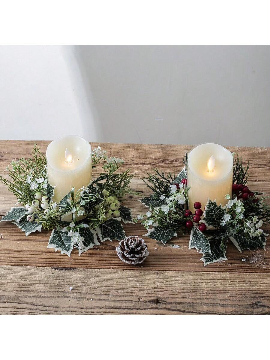 Christmas Candle Ring Holder with Red Flowers, Gold Berries & Greenery, Holiday Table Centerpiece