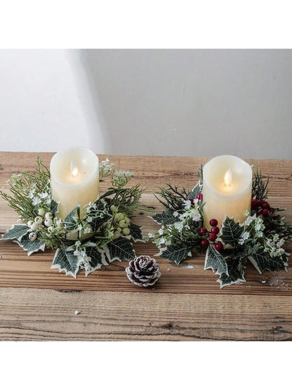 Christmas Candle Ring Holder with Red Flowers, Gold Berries & Greenery, Holiday Table Centerpiece
